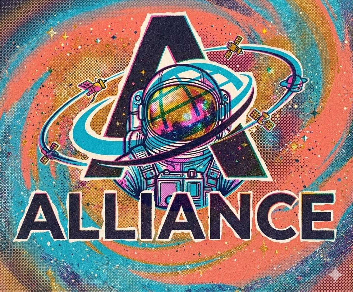 Alliance astronaut illustration — retro-styled spaceman with colorful visor and orbiting satellites