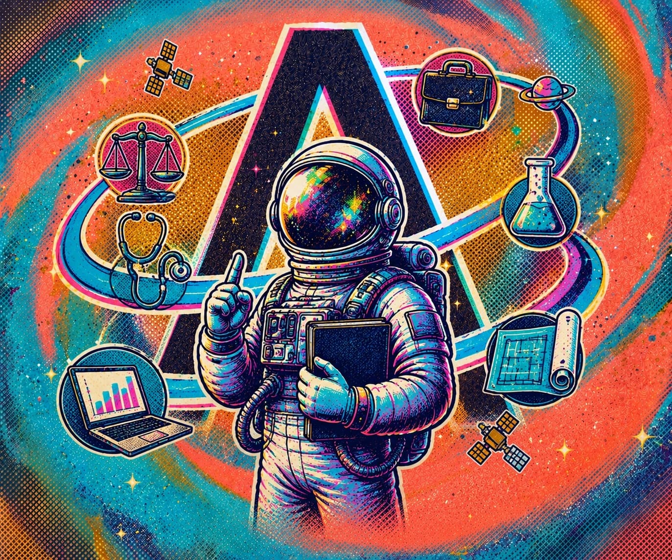 Astronaut surrounded by professional icons in front of an Alliance background representing specific-purpose English tracks.